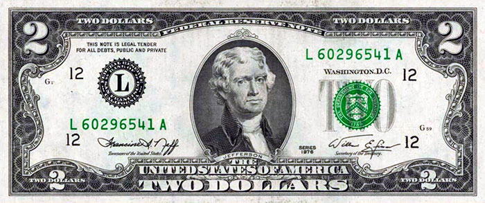 1976 2 dollar bill front.